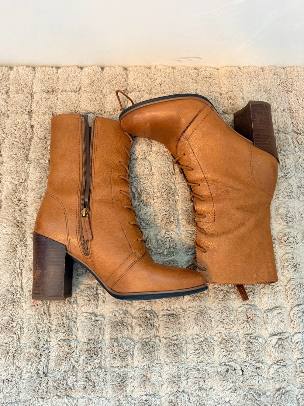 Franco Sarto Tan Lace-Up Leather Block Heel Boots